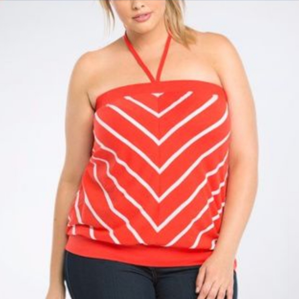 Torrid Deep Orange / Red & White Halter Tube Top Tie Neck Detail Summer chic
